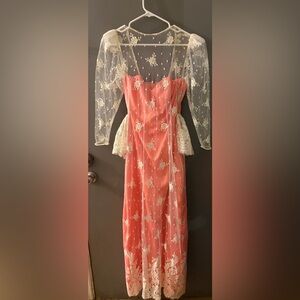 Vtg handmade  Pink and White maxi sweetheart neck Lace ruffle Dress